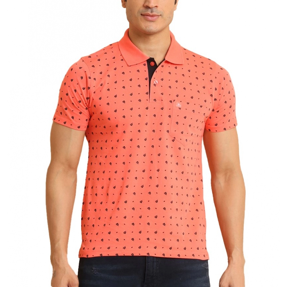 Men's Casual Cotton Printed Polo Neck Half Sleeve T-Shirt (Orange)