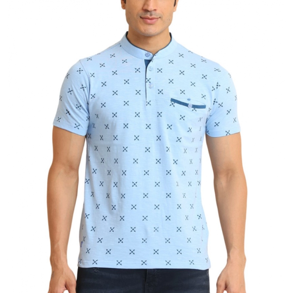 Men's Casual Cotton Printed Mandarin Collar Half Sleeve T-Shirt (Skyblue)
