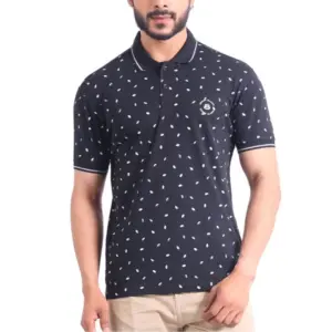 Men's Casual Cotton Printed Polo Neck Half Sleeve T-Shirt (Black)