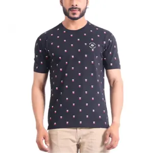 Men's Casual Cotton Printed Round Neck Half Sleeve T-Shirt (Black)