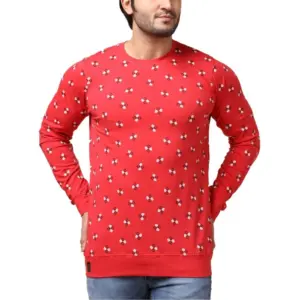Men's Casual Cotton Printed Round Neck Full Sleeve T-Shirt (Red)