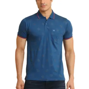 Men's Casual Cotton Printed Polo Neck Half Sleeve T-Shirt (Blue)