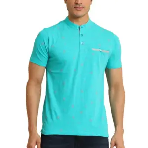 Men's Casual Cotton Printed Mandarin Collar Half Sleeve T-Shirt (Seagreen)