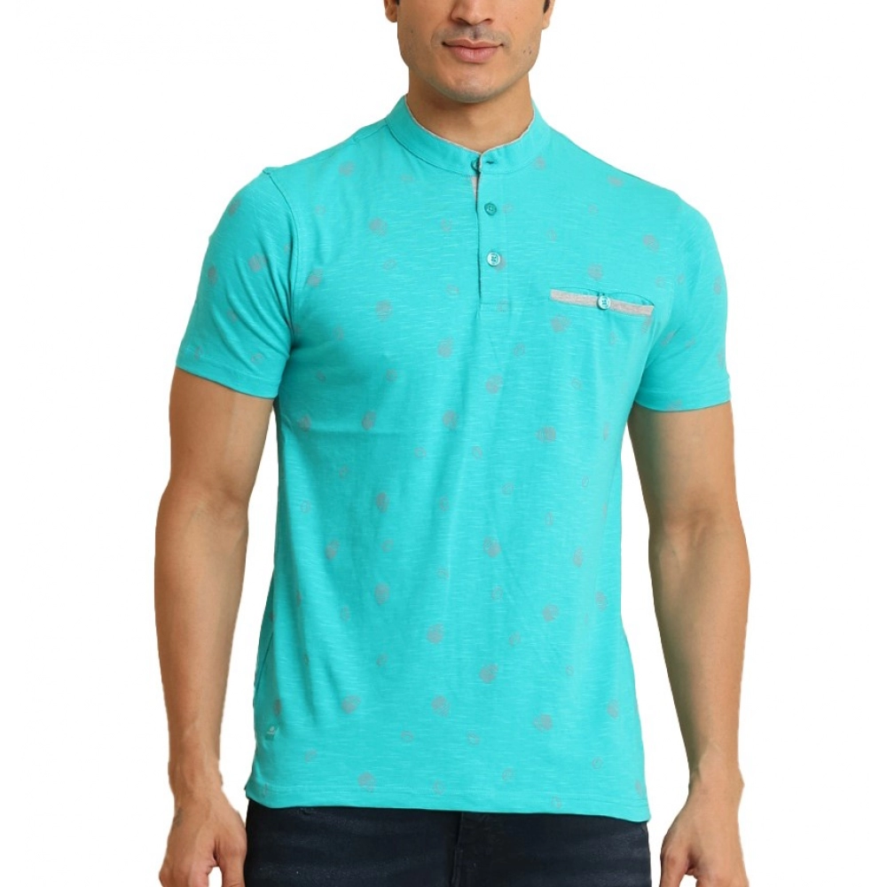 Men's Casual Cotton Printed Mandarin Collar Half Sleeve T-Shirt (Seagreen)