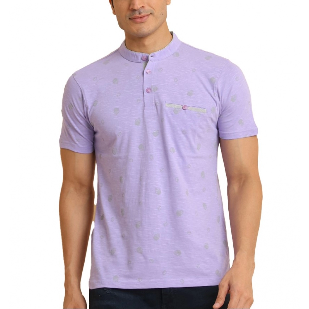 Men's Casual Cotton Printed Mandarin Collar Half Sleeve T-Shirt (Lavender)