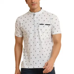 Men's Casual Cotton Printed Mandarin Collar Half Sleeve T-Shirt (Offwhite)
