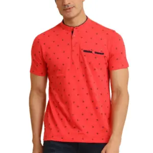Men's Casual Cotton Printed Mandarin Collar Half Sleeve T-Shirt (Red)