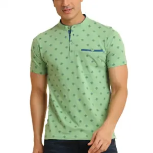 Men's Casual Cotton Printed Mandarin Collar Half Sleeve T-Shirt (LightGreen)