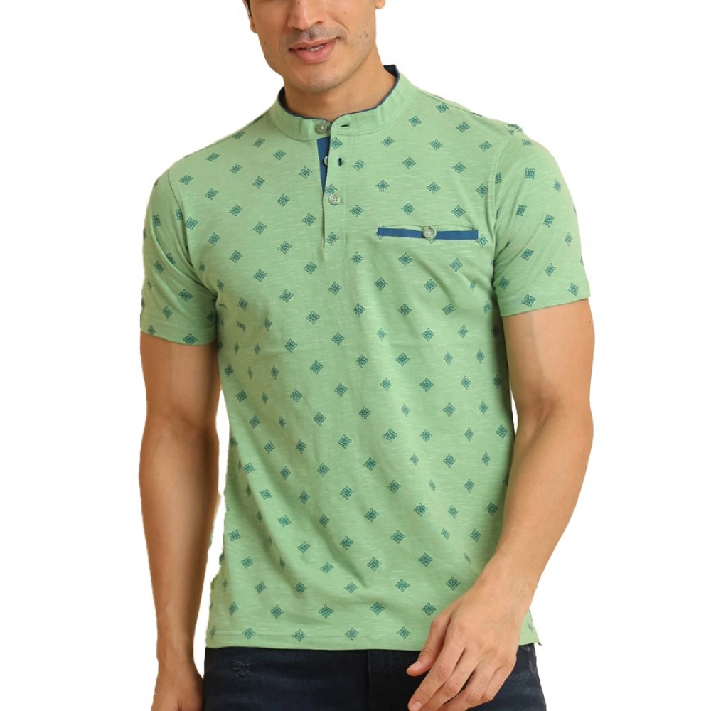 Men's Casual Cotton Printed Mandarin Collar Half Sleeve T-Shirt (LightGreen)