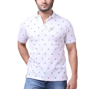 Men's Casual Cotton Printed Polo Neck Half Sleeve T-Shirt (White)