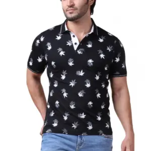 Men's Casual Cotton Printed Polo Neck Half Sleeve T-Shirt (Black)