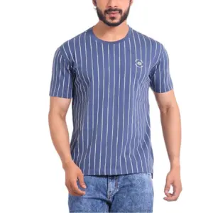 Men's Casual Cotton Printed Round Neck Half Sleeve T-Shirt (Blue)