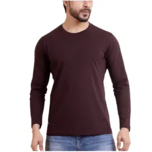 Men's Casual Cotton Solid Round Neck Full Sleeve T-Shirt (Wine)