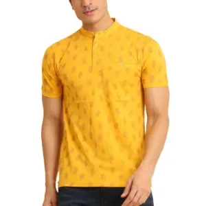 Men's Casual Cotton Printed Mandarin Collar Half Sleeve T-Shirt (Mustard)