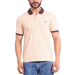 Men's Casual Cotton Printed Polo Neck Half Sleeve T-Shirt (Peach)