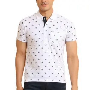 Men's Casual Cotton Printed Polo Neck Half Sleeve T-Shirt (White)