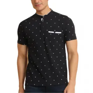 Men's Casual Cotton Printed Mandarin Collar Half Sleeve T-Shirt (Black)