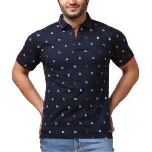 Men's Casual Cotton Printed Polo Neck Half Sleeve T-Shirt (Navy)