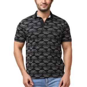 Men's Casual Cotton Printed Polo Neck Half Sleeve T-Shirt (Black)