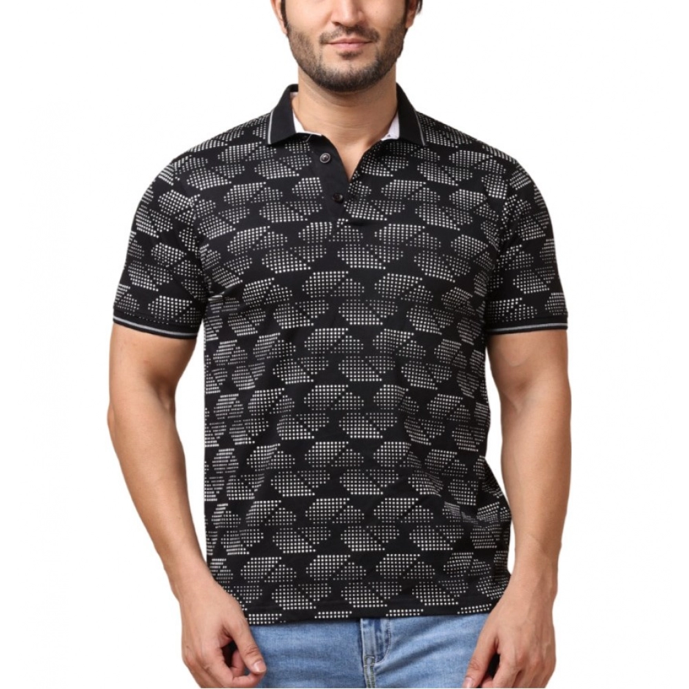 Men's Casual Cotton Printed Polo Neck Half Sleeve T-Shirt (Black)