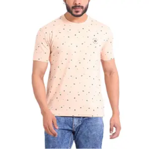 Men's Casual Cotton Printed Round Neck Half Sleeve T-Shirt (Peach)
