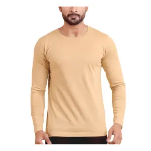 Men's Casual Cotton Solid Round Neck Full Sleeve T-Shirt  (Beige)