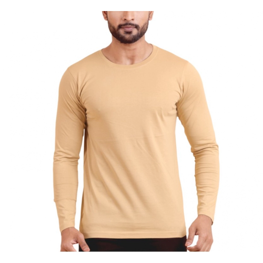 Men's Casual Cotton Solid Round Neck Full Sleeve T-Shirt (Beige)