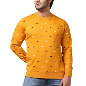 Men's Casual Cotton Printed Round Neck Full Sleeve Sweat T-Shirt (Mustard)