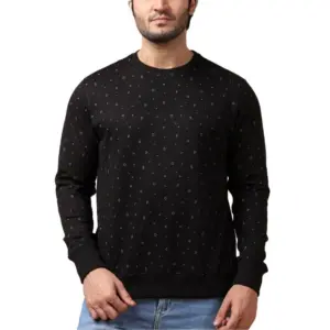 Men's Casual Cotton Printed Round Neck Full Sleeve Sweat T-Shirt (Black)
