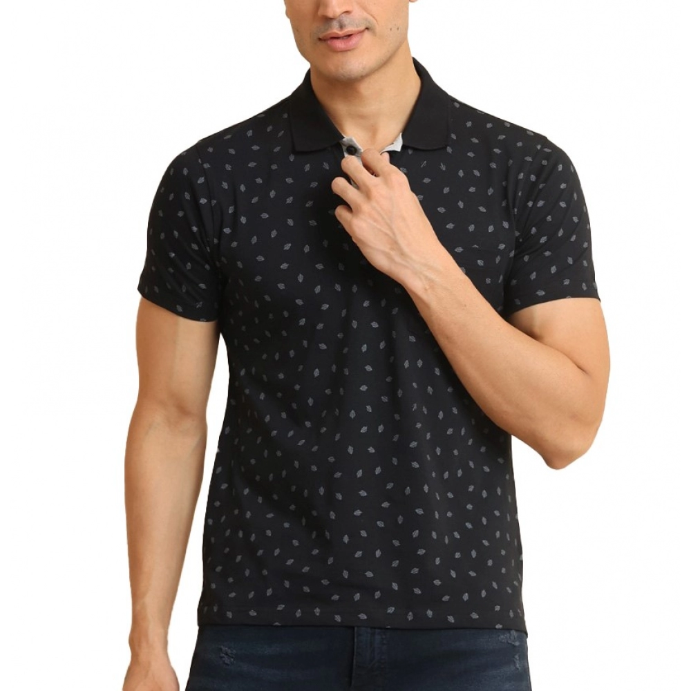 Men's Casual Cotton Printed Polo Neck Half Sleeve T-Shirt (Black)