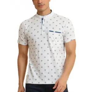 Men's Casual Cotton Printed Mandarin Collar Half Sleeve T-Shirt (Offwhite)