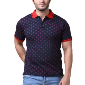 Men's Casual Cotton Printed Polo Neck Half Sleeve T-Shirt (Navy)