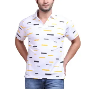 Men's Casual Cotton Printed Polo Neck Half Sleeve T-Shirt (White)