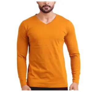 Men's Casual Cotton Solid V Neck Full Sleeve T-Shirt  (Mustard)