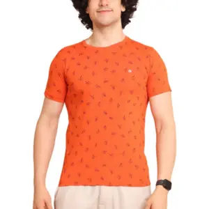 Men's Casual Cotton Printed Round Neck Half Sleeve T-Shirt (Rust)
