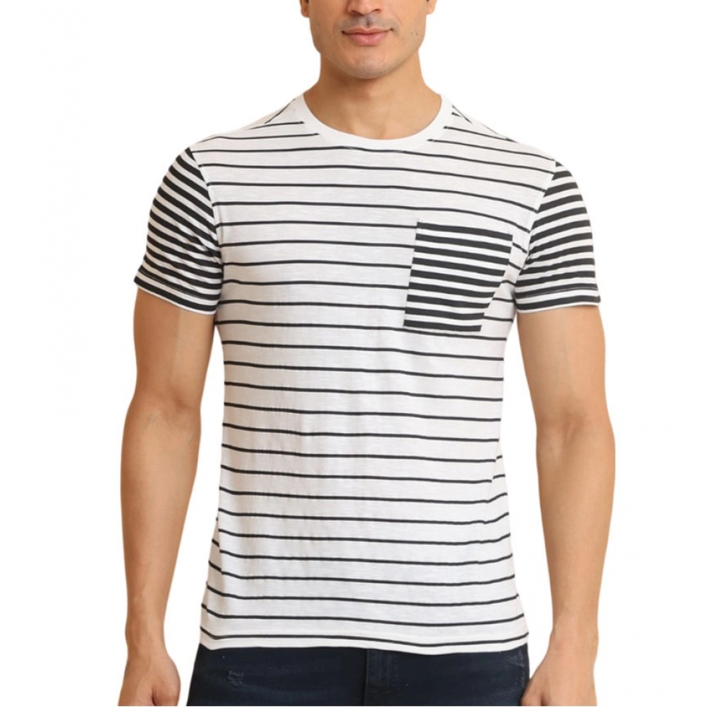 Men's Casual Cotton Printed Round Neck Half Sleeve T-Shirt (White)