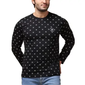 Men's Casual Cotton Printed Round Neck Full Sleeve T-Shirt (Black)