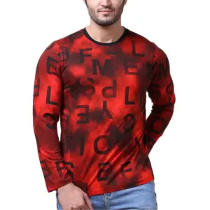 Men's Casual Cotton Printed Round Neck Full Sleeve T-Shirt (Red)