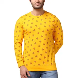 Men's Casual Cotton Printed Round Neck Full Sleeve T-Shirt (Mustard)