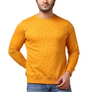 Men's Casual Cotton Printed Round Neck Full Sleeve Sweat T-Shirt (Mustard)
