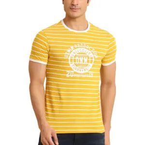 Men's Casual Cotton Printed Round Neck Half Sleeve T-Shirt (Mustard)