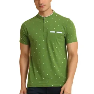 Men's Casual Cotton Printed Mandarin Collar Half Sleeve T-Shirt (Green)