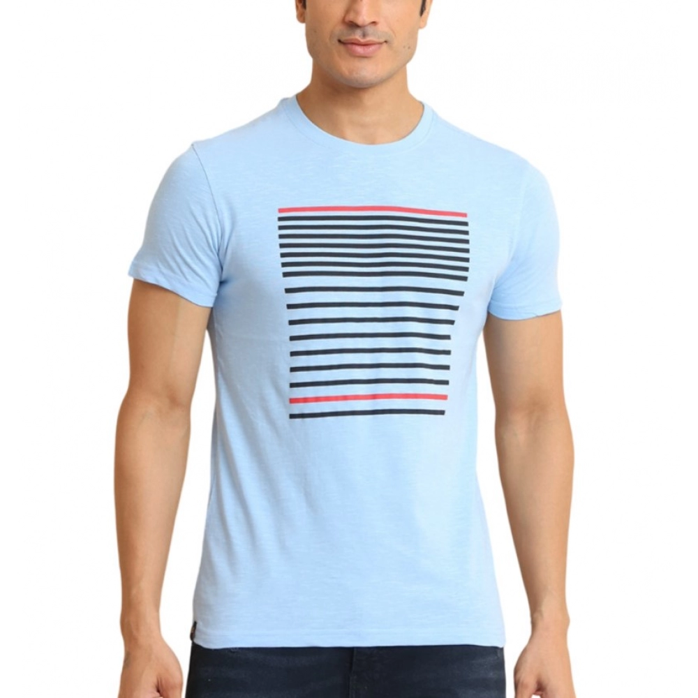 Men's Casual Cotton Printed Round Neck Half Sleeve T-Shirt (Skyblue)