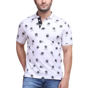 Men's Casual Cotton Printed Polo Neck Half Sleeve T-Shirt (White)