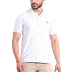 Men's Casual Cotton Printed Polo Neck Half Sleeve T-Shirt (White)