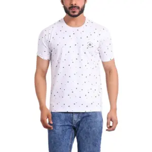 Men's Casual Cotton Printed Round Neck Half Sleeve T-Shirt (White)
