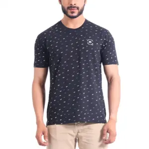 Men's Casual Cotton Printed Round Neck Half Sleeve T-Shirt (Black)
