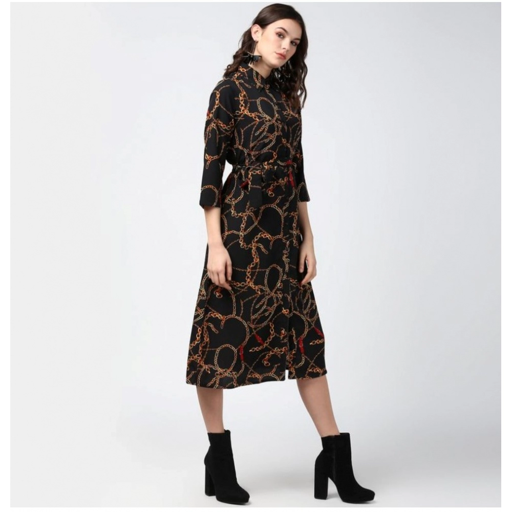 Women's Polyester Chain Print Roll Up Sleeve Below Knee Dress (Black - Yellow) - Image 4