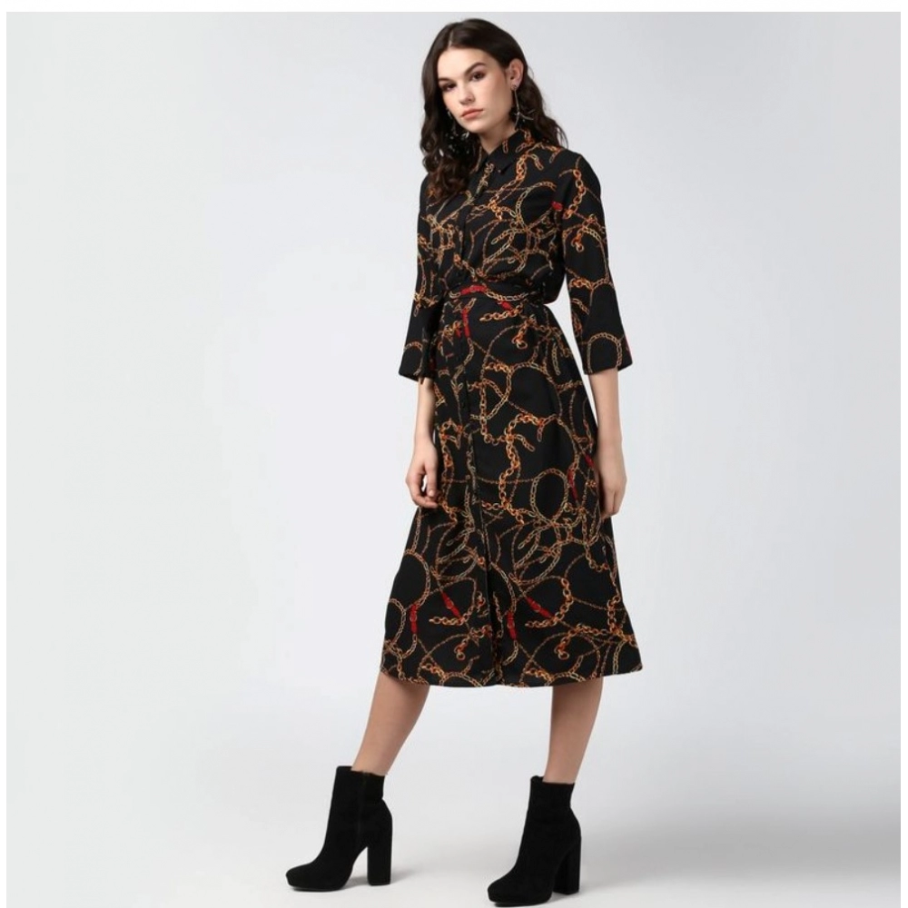 Women's Polyester Chain Print Roll Up Sleeve Below Knee Dress (Black - Yellow) - Image 3