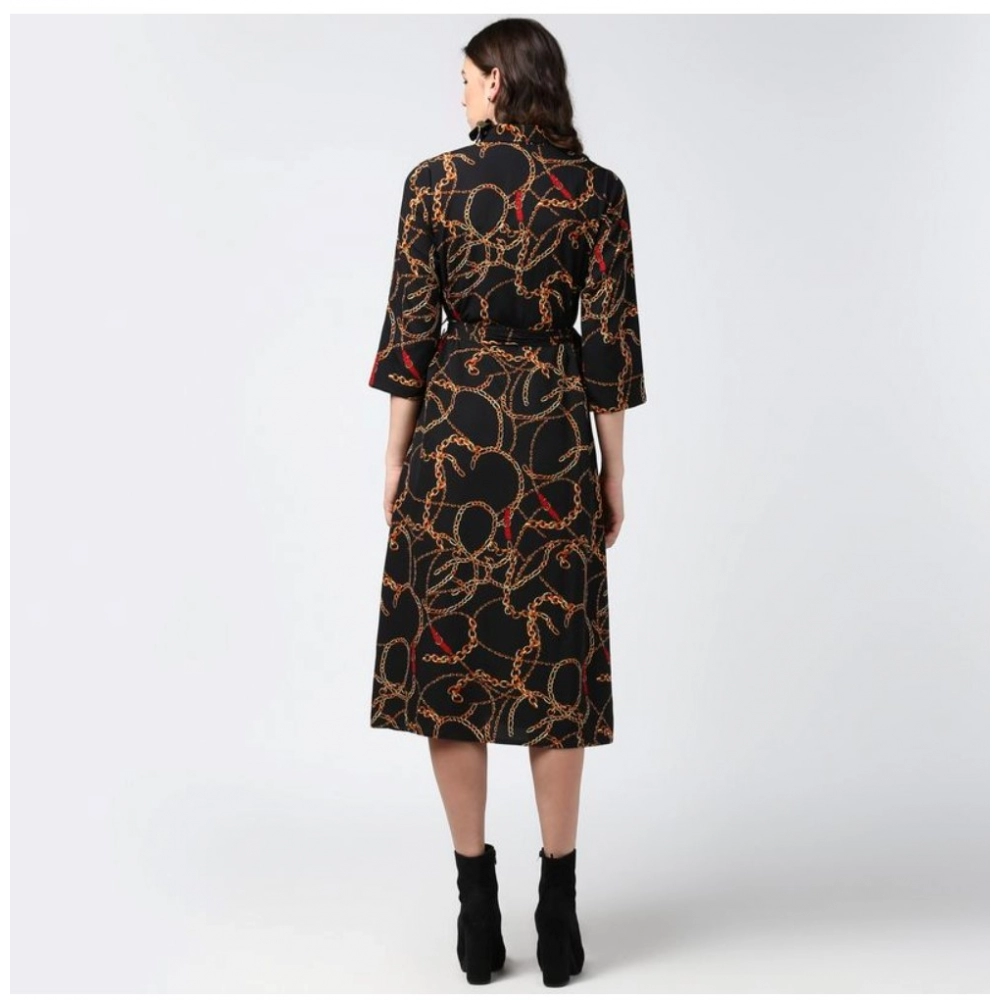 Women's Polyester Chain Print Roll Up Sleeve Below Knee Dress (Black - Yellow) - Image 7